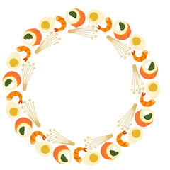 Creative circular arrangement of sushi, shrimp, eggs, and mushrooms on a white background for a culinary theme