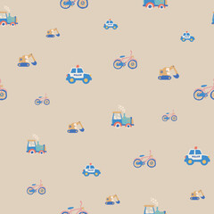 Cars and Construction Vector Seamless Pattern Vehicles Pattern Seamless Vector Design with Diggers, Bikes Excavators © impatterns
