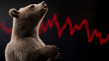 A bear with a somber expression against a backdrop of a descending line graph symbolizes market decline and financial downturns. It is a visual representation of challenges and losses.