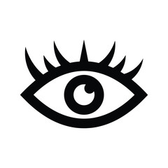 Black and white icon of an eye with long eyelashes, simple graphic symbol