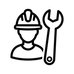 Line icon of a construction worker or engineer with a hard hat and a wrench