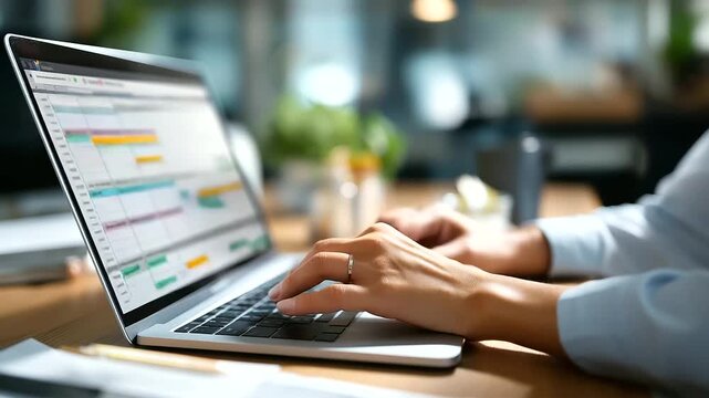 Faceless business developer's hands using Kanban board framework on laptop defocused office background agile software development lean project management tool business
