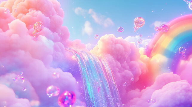 A rainbow waterfall cascades through the sky, surrounded by colorful clouds, glitter, and sparkles, set against a soft blue background, creating a cute and dreamy fantasy scene.