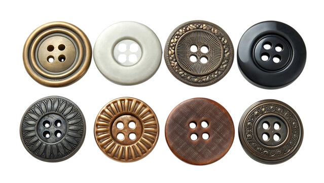 Collection of eight assorted sewing buttons isolated on white background