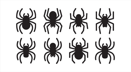 Black spider silhouette set used for insect icons, decorative graphics, wildlife symbols, and thematic illustration