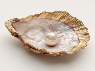 Closeup of white pearl on an oyster shell with golden edges