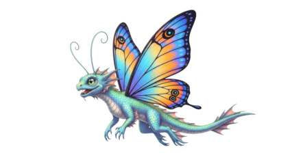 Blue green dragon with colorful butterfly wings fantasy