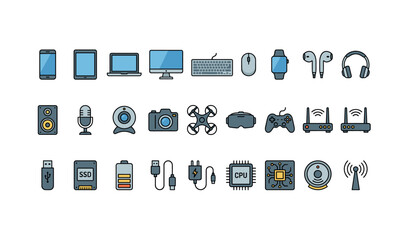 Modern digital devices and accessories icons collection