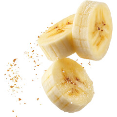 Fresh banana slices falling with crumbs on black background
