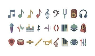 Stylized music icons: instruments, notes, and sound elements in geometric design
