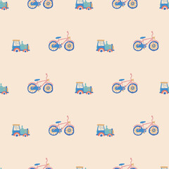 Cars and Construction Vector Seamless Pattern Vehicles Pattern Seamless Vector Design with Diggers, Bikes Excavators