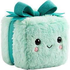 Fluffy mint green gift box toy with a happy face and teal bow