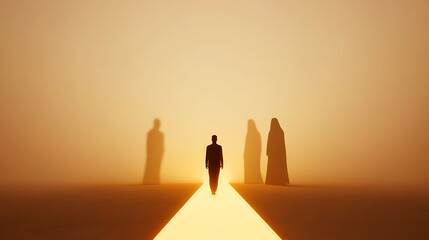 Silhouette of a person walking on a bright path toward more figures. The sun is setting on the horizon, casting long shadows in a warm golden light. The path is bright and inviting.