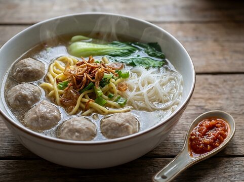 Close-up bowl of Indonesian bakso with meatballs and noodles