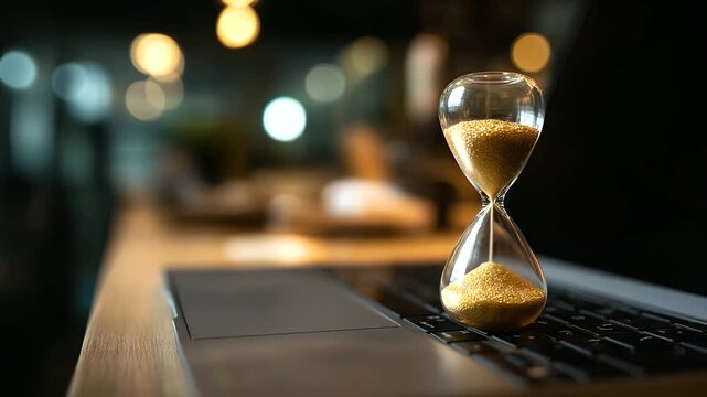 Hourglass on laptop computer keyboard faceless time concept defocused office workspace background time management visualization deadline pressure concept professional