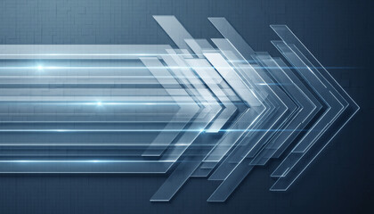 Obraz premium Futuristic Blue Transparent Chevron Arrows Moving Forward on Dark Digital Grid Background with Neon Light Effects and Modern Technology Style