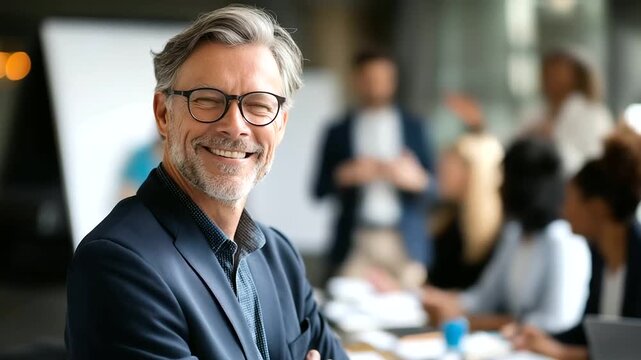 Faceless mature leader teaching young diverse professionals defocused office background with presentation screen providing knowledge and sharing strategic plans mentoring