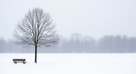 A bare tree stands alone in a snowy field with a bench nearby. Foggy winter forest appears in the background. Perfect for seasonal themes, solitude concepts, or peaceful winter designs.