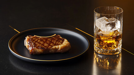 A juicy steak, grilled to perfection, sits beside a glass of amber spirits on ice, offering a sophisticated dining experience. Savor the rich flavors!