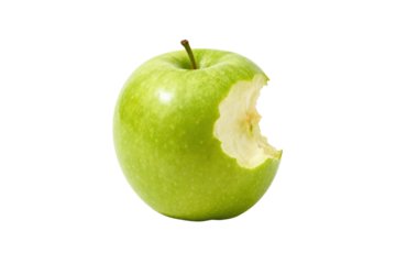 A fresh green apple with a bite taken out of it