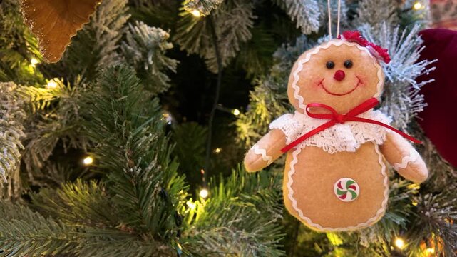 A cheerful gingerbread man ornament hangs from a frosted Christmas tree, glowing with tiny lights to evoke holiday warmth, joy, and family moments.