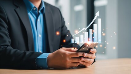 Businessman analyzing digital growth chart on smartphone