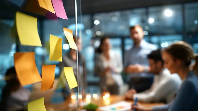 Faceless team brainstorming with colorful sticky notes on glass wall defocused office background collaborative teamwork and planning process business or project management