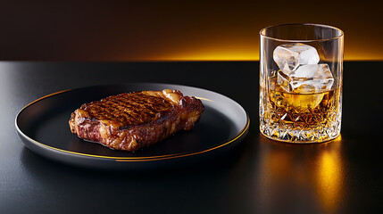 Indulge in a delicious seared steak paired with a chilled whiskey in elegant glassware, set against a dark backdrop for a sophisticated dining experience. Savory delight.