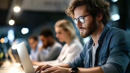 Faceless office workers with laptop reading online report defocused modern workspace background diversity and collaboration business people reviewing website design team - Powered by Adobe