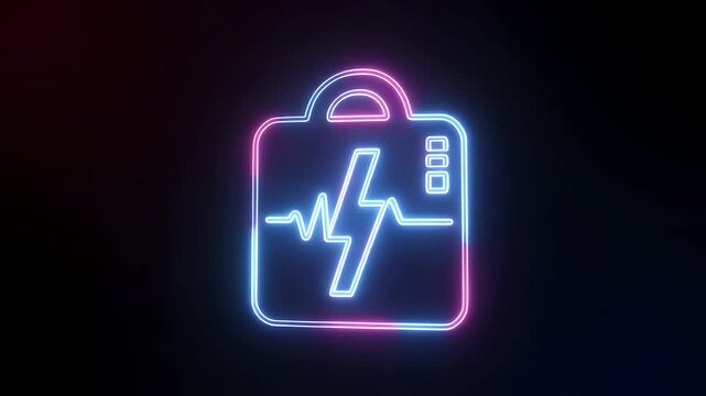 Dynamic neon glowing defibrillator icon, a vital symbol for emergency medical response, cardiac resuscitation, and advanced healthcare technology