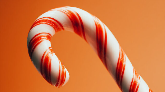 A red white striped candy cane, symbolizing winter holidays and childhood memories of sweets, brings a festive and joyful atmosphere, minimalistic photo