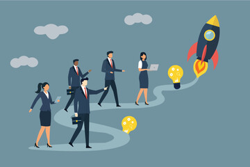 Business Team Walking on Path to Rocket Launch: Corporate Startup and Innovation Journey Concept
