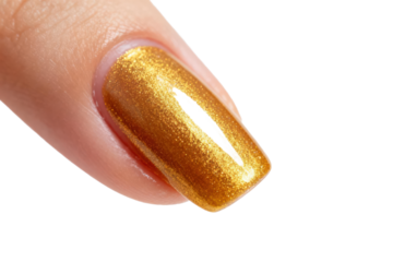 Close-up of a finger with golden glitter nail polish