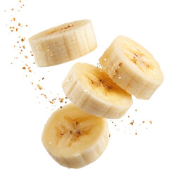 Fresh banana slices floating in air with crumbs