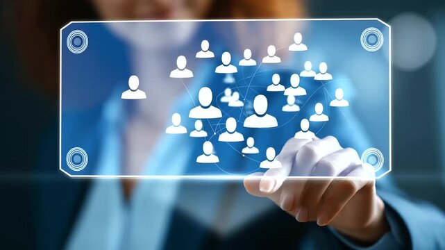 HR human resources network visualization with people icons faceless composition defocused global structure background recruitment team staff management relationship management