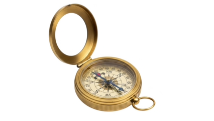Open brass pocket compass with blue needle on black background