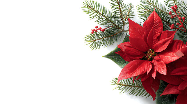 Christmas poinsettia and fir sprigs on the right corner isolated on white background