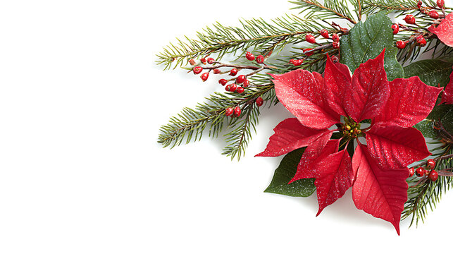 Christmas Poinsettia Flower and Fir Sprigs on the right corner isolated on white background