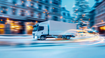 Delivery Truck Speeds Through Snowy City Streets with Light Streaks