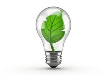 Healthy green plant growing inside a clear incandescent light bulb on a white background