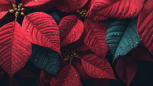 Close up of red poinsettia leaves with some green,photorealistic, hyper realistic macro photography 