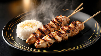 Grilled chicken skewers with rice, served on a black plate, offering a savory and satisfying culinary experience, perfect for a light meal or appetizer. Ready to enjoy!