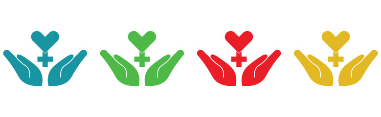 Colorful Hands Holding Heart and Cross Symbols, Medical Care and Wellness Concept