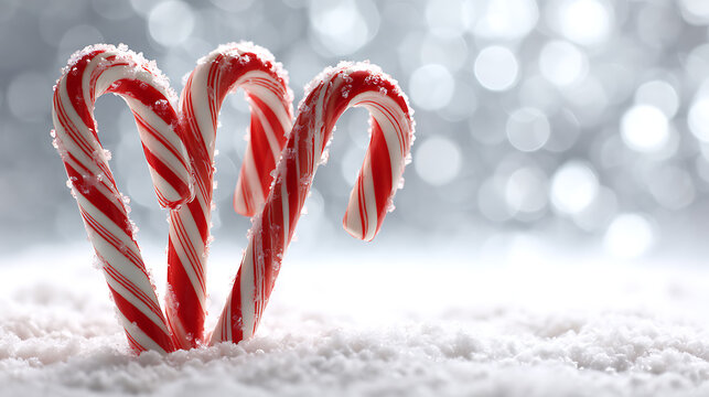 Shiny Candy canes in snow, red and white striped, white background, bokeh, christmas theme