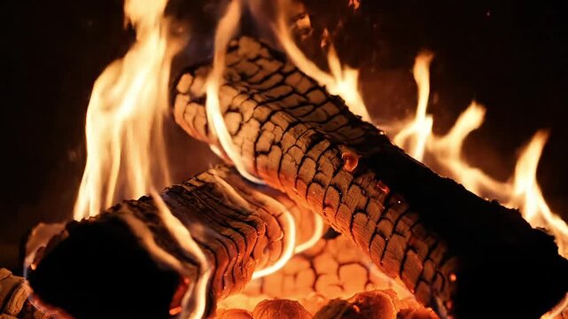 Warm glowing embers and vibrant flames dance around crackling logs in a cozy fireplace.