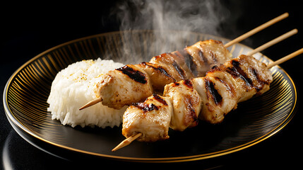 Grilled chicken skewers and rice, a simple yet satisfying meal presented on a stylish black plate with golden accents, served steaming hot against a dark backdrop.