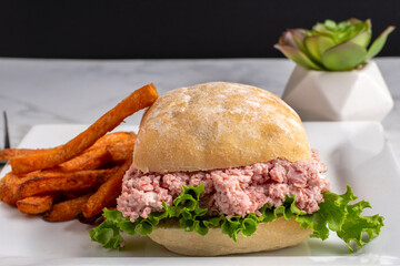 spam salad  sandwich with   fries