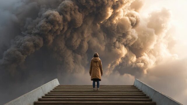 lonely woman stand on stairs into big clouds animation