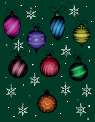 Colorful Christmas ornaments with snowflakes on dark green background
