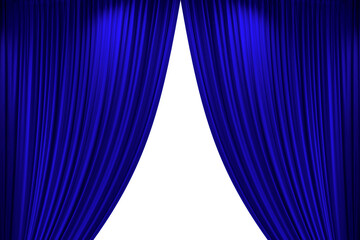 Open blue satin curtains, stage of a movie theater or stage, isolated on transparent background